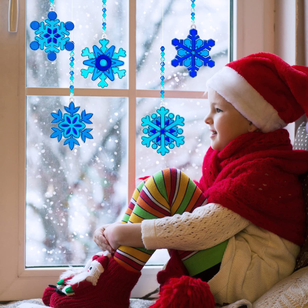 Winlyn 24 Sets Snowflake Suncatchers Ornaments Decorations DIY Window Paint Art Suncatchers Christmas Craft Kits Hanging Snowflake Sun Catchers for Kids Christmas Winter Home Classroom Party Activity Winlyn