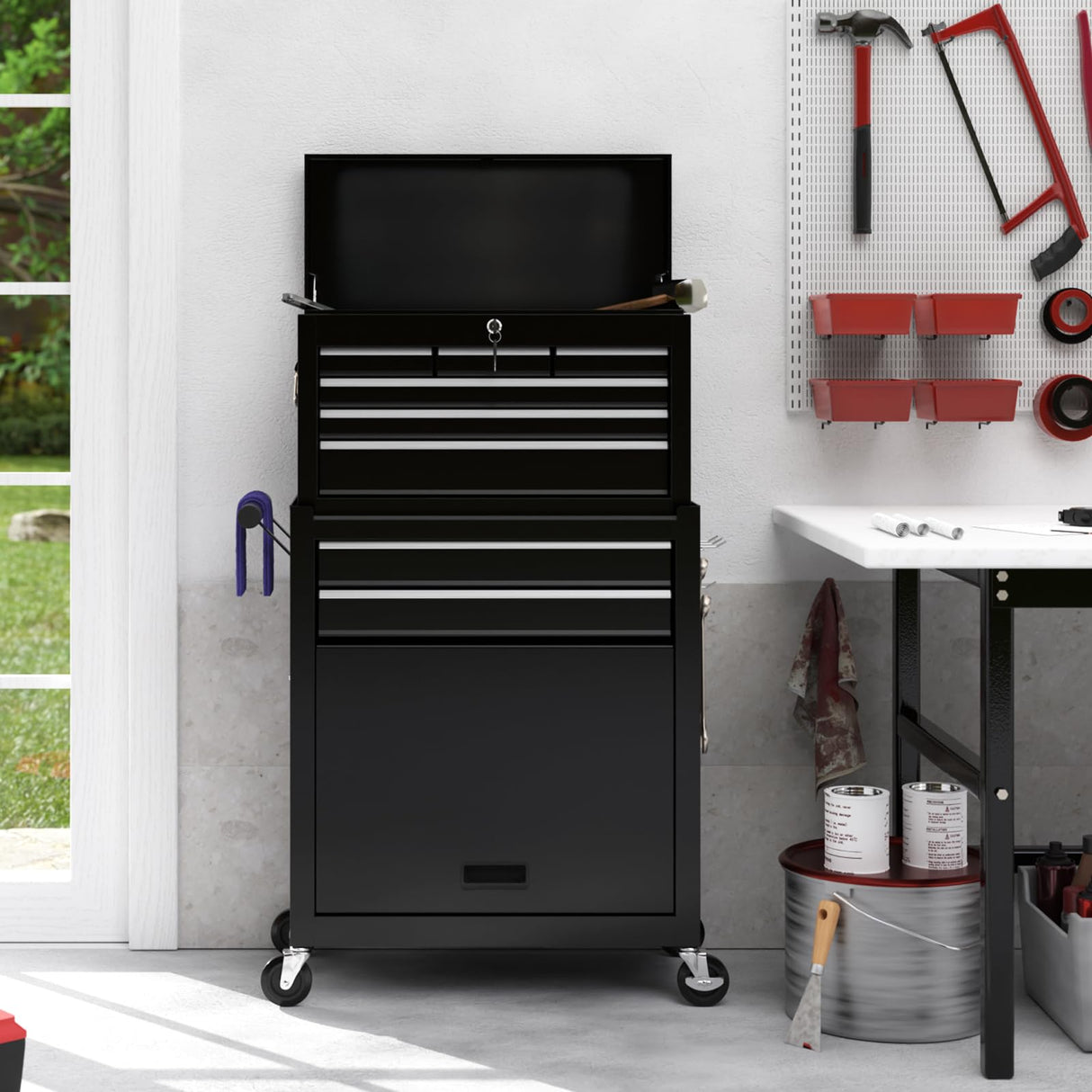 Maemttes 8-Drawers Large Tool Chest, 2-in-1 Detachable Garage Rolling Tool Box Metal Tool Storage Cabinet Removable Lockable Tool Cart with Wheels and Drawers Maemttes
