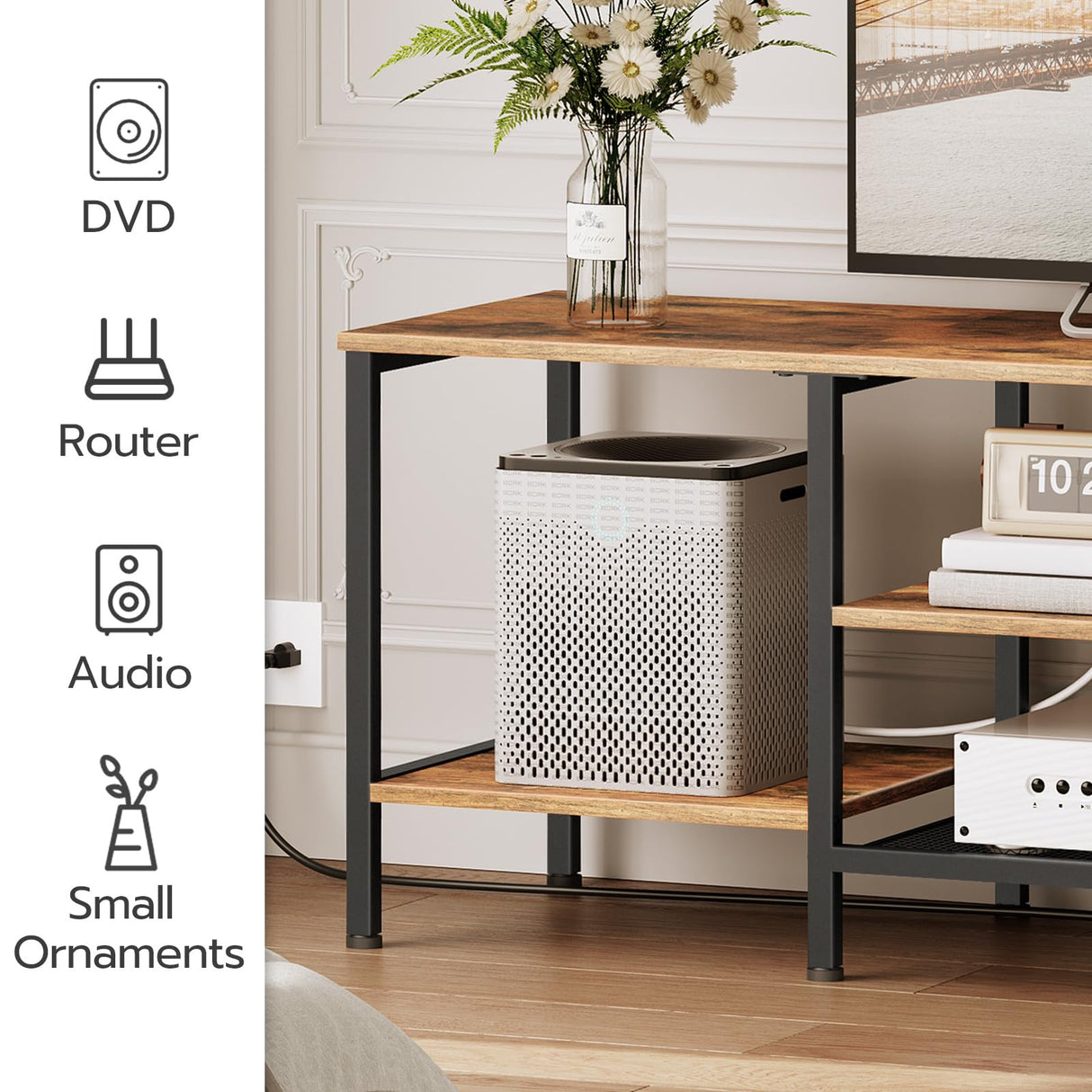 HOOBRO TV Stand with Power Outlets to 75 Inches, TV Console Table with Open Storage Shelves Cabinet, Industrial Media Entertainment Center for Living Room Bedroom, Rustic Brown and Black BF60DS01 HOOBRO