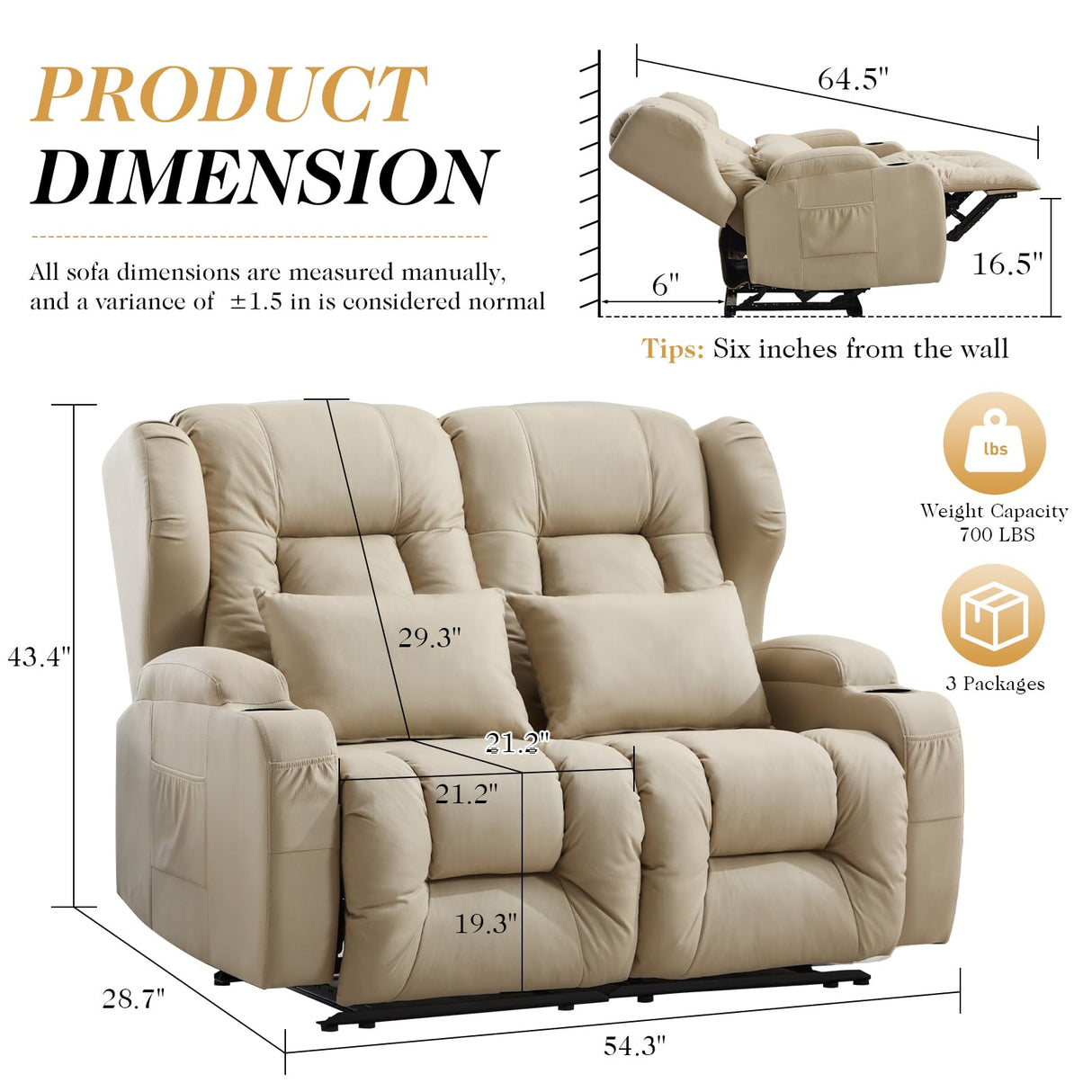 Loveseat Recliner Sofa,RV Couch 6'' Wall Hugger Recliners for Small Spaces,Fabric Reclining Loveseat Sofa Recliner with Cup Holders/Lumbar Pillows,RV Furniture (Beige, Loveseat) Generic
