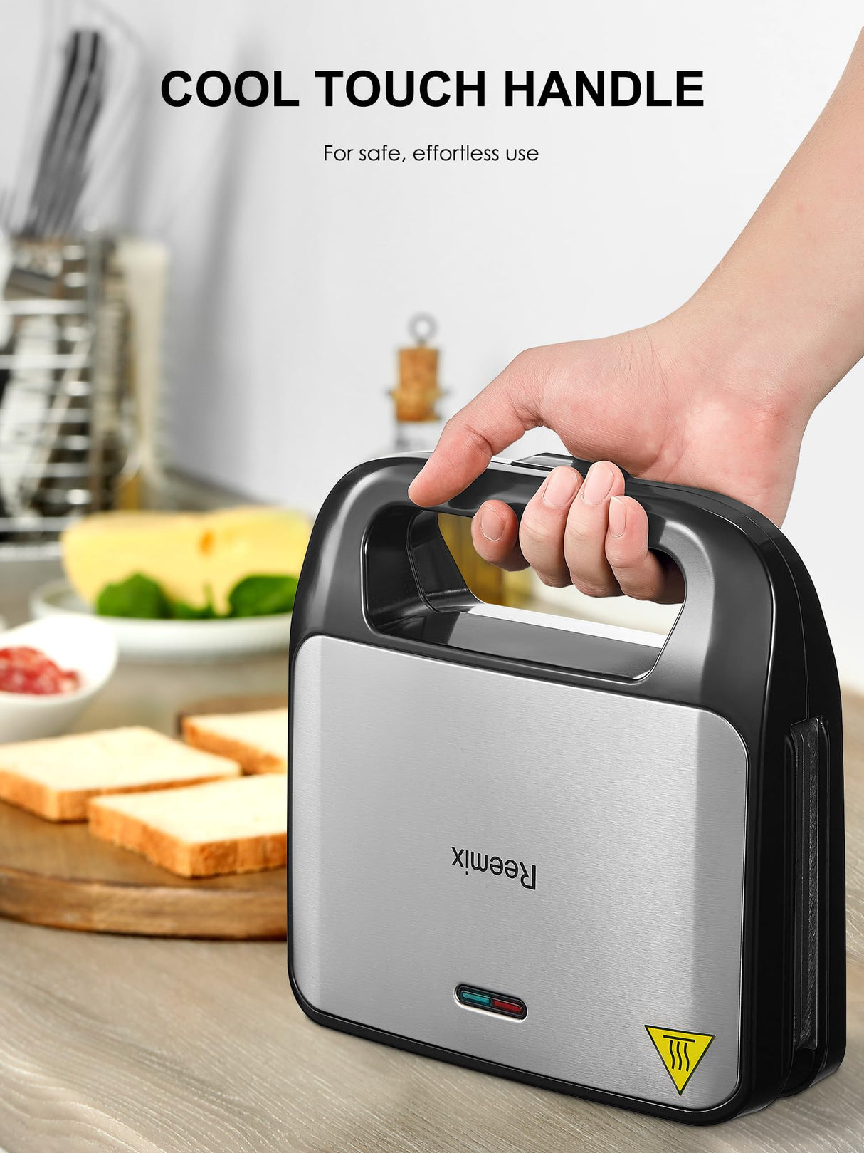 Reemix 3-in-1 Waffle, Grill & Sandwich Maker, Panini Press Grill and Waffle Iron Set with Removable Non-Stick Plates, Perfect for Cooking Grilled Cheese, Tuna Melts, Burgers, Steaks and Snacks, Black (3 in1 Sandwich Maker With Plastic Handle) Reemix