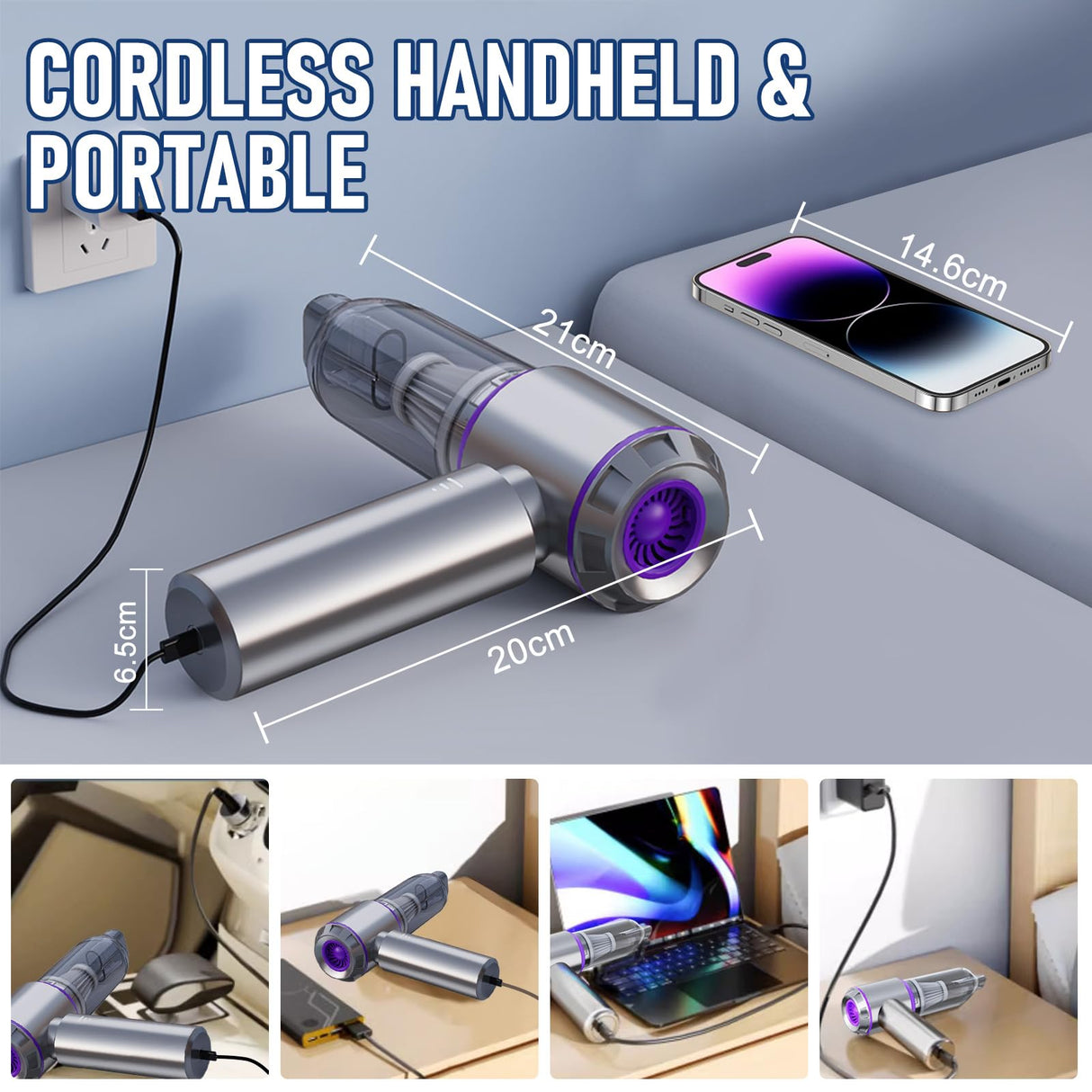 Car Vacuum Portable Cordless 20000PA High power Mini Vacuum Cleaner 4-in-1 Compressed Air Duster & Air Blower & Pump Hand Held Vacuum with Brushless Motor for Car, Home, Office,Camping (Purple) houscly
