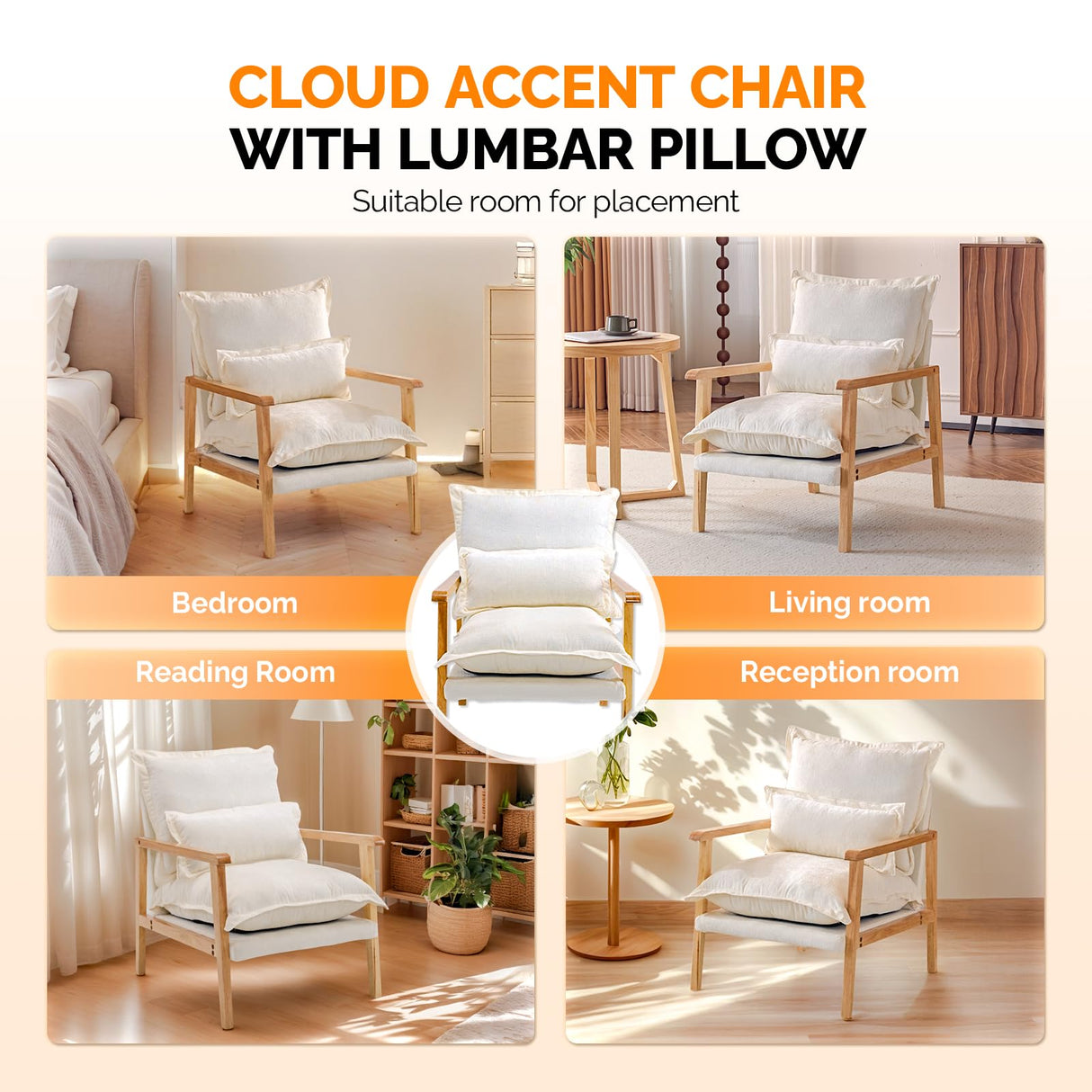 VINGLI Mid-Century Modern Cloud Accent Armchair with Lumbar Pillow, 6.3'' Thick Seat Cushion Comfortable Lounge Chair with Wooden Armrests for Bedroom, Living Room, Reading Room, Beige VINGLI