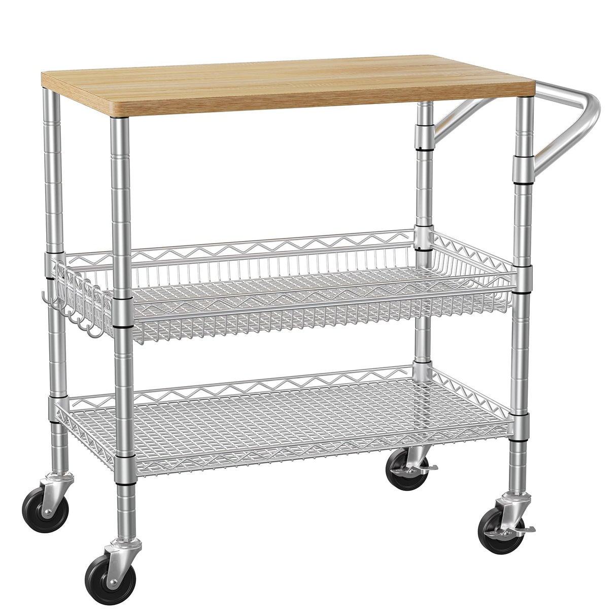 3 Tier Rolling Kitchen Carts on Wheels with Storage,650Lbs Heavy Duty Utility Carts with Wheels,Kitchen Island with Wood Tabletop,Metal Serving Rolling Cart for Small Appliance Food Cart,Wood+Metal BolDuck