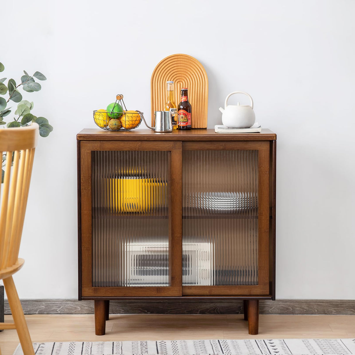 Tiita Bamboo Sideboard Buffet Cabinet, Rattan Kitchen Storage Cabinet, Boho Coffee Bar Tables for Kitchen Living Room Hallway Office, Walnut Tiita