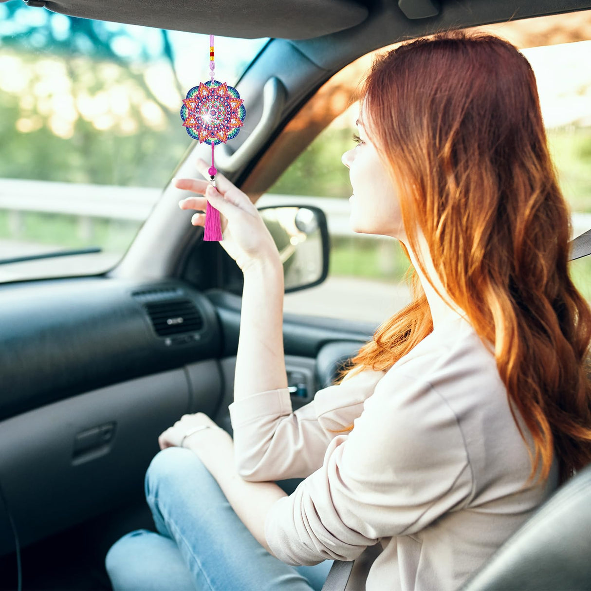 Saillong 16 Pcs Diamond Art Car Ornaments Mandala Diamond Painting Kit Ornament for Car Hanging Suncatchers Charm for Rear View Mirror Double Sided Painting Crystal Gem Garden Decoration Paint DIY Kit Saillong