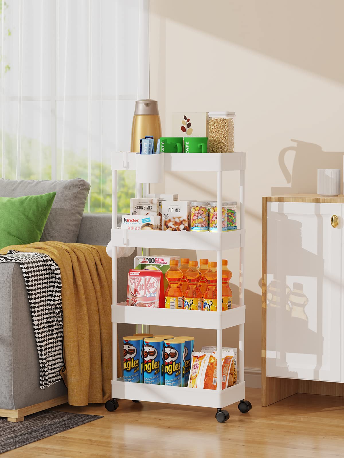 LEHOM Slim Rolling Storage Cart - 4 Tiers Bathroom Organizer Utility Cart Slide Out Storage Shelves Mobile Shelving Unit for Kitchen, Bedroom, Office, Laundry Room, Small Narrow Spaces (Pear White) LEHOM