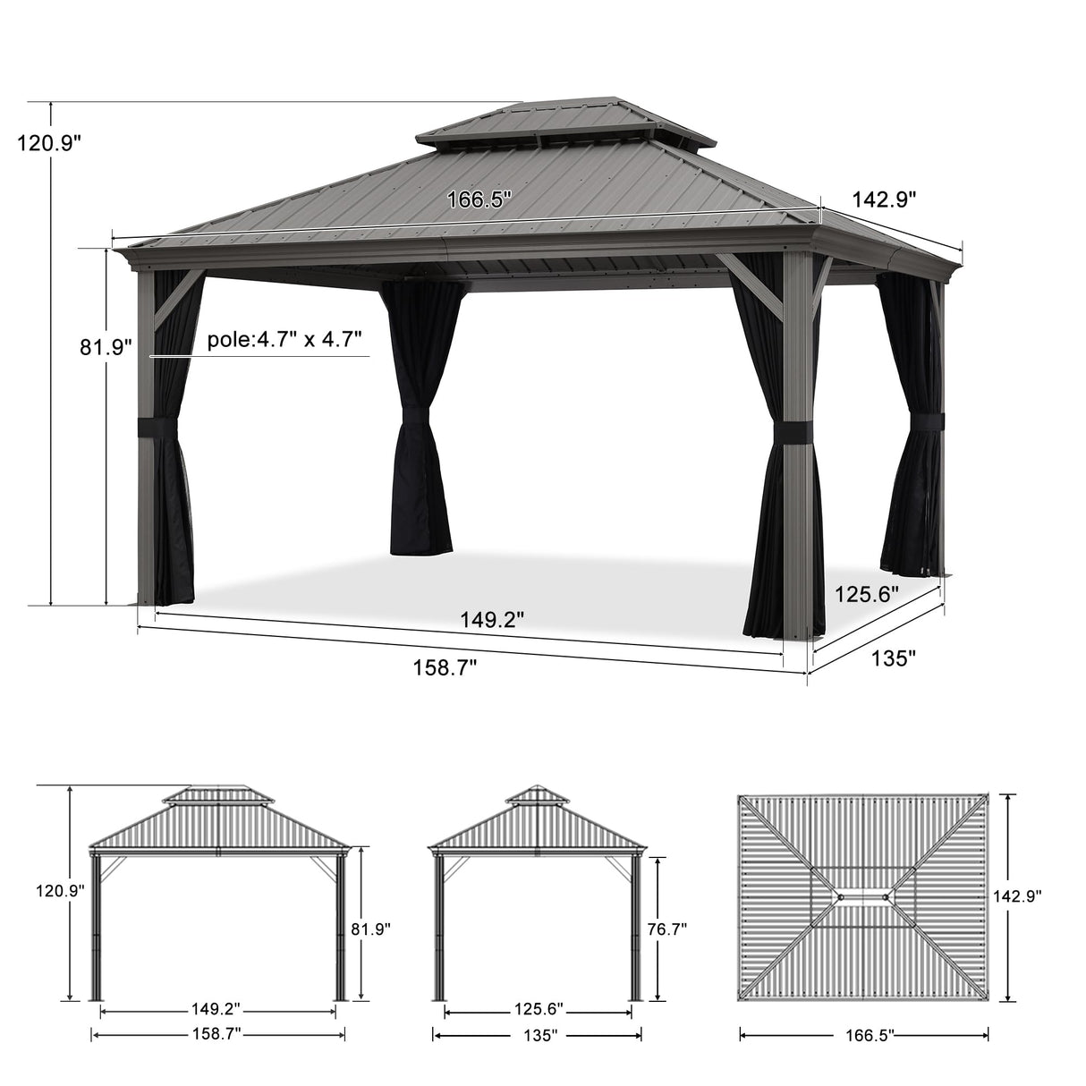 PURPLE LEAF 12' X 14' Patio Hardtop Gazebo Aluminum Outdoor Gazebo with Double Galvanized Steel Roof for Deck Backyard All Weather Outdoor Pavilion Curtain and Netting Included, Light Grey PURPLE LEAF