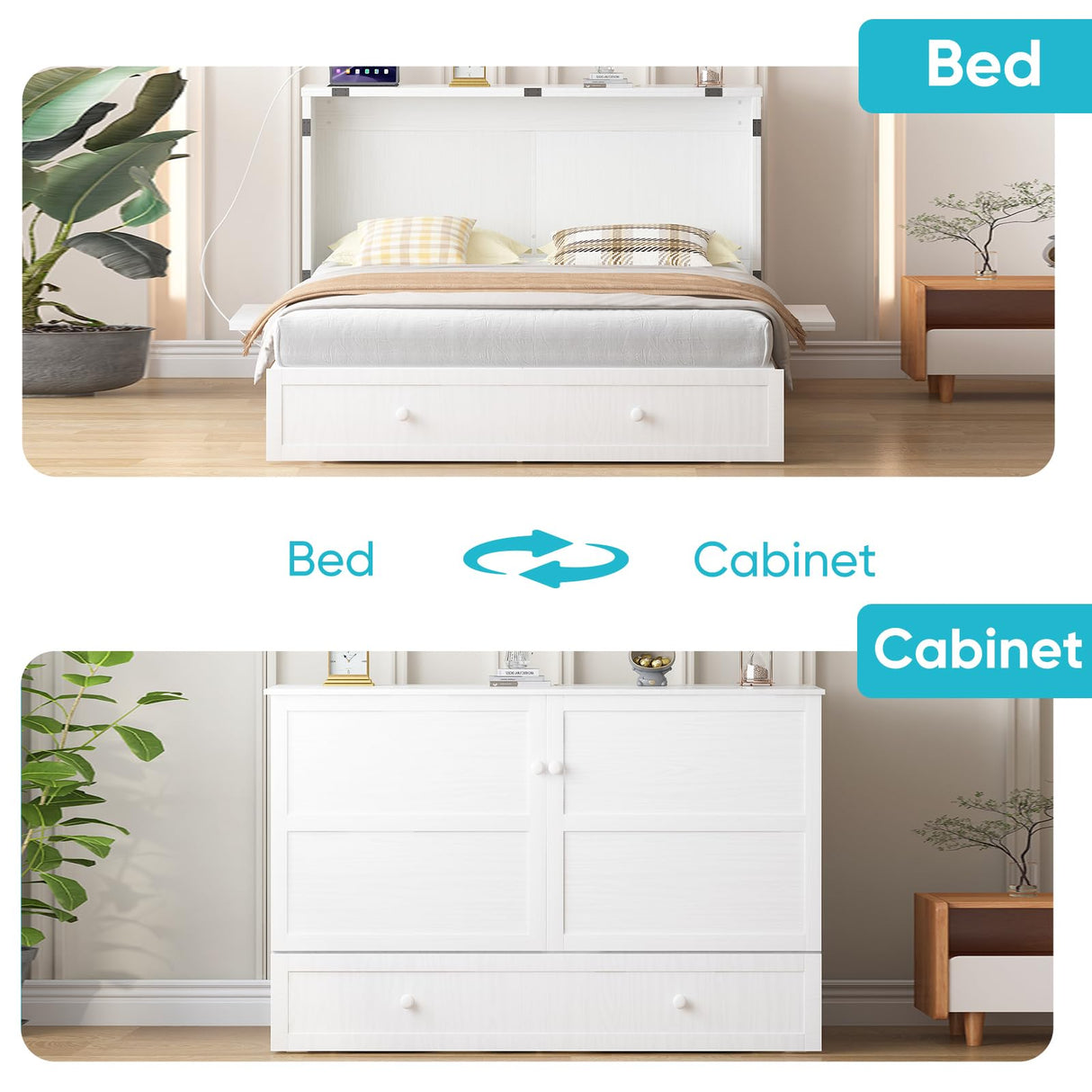 CECER Queen Size Solid Wood Murphy Bed with Memory Foam Mattress,Murphy Bed with Charging Station and Two Large Storage Drawers for Small Spaces/Bedroom/Guest Room(White) CECER