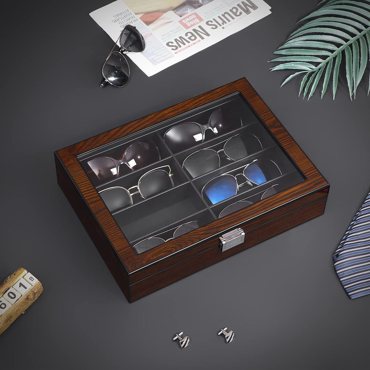 BEWISHOME Sunglasses Organizer, 8 Slot Sunglasses Case for Men, Eyeglasses Storage Box with Clear Glass Top, Smooth Faux Leather Interior, Brown SSH25Y BEWISHOME