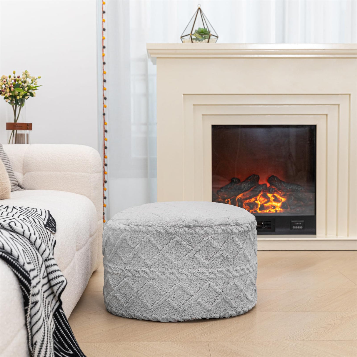 Beawelkomjo Pouf Ottoman Stuffed 20x20x12 Inches Floor Pouf Plush Fiber Ottoman Foot Rest Under Desk Foot Stool for Living Room Bedroom (Light Gray Pouf with Filler) Beawelkomjo