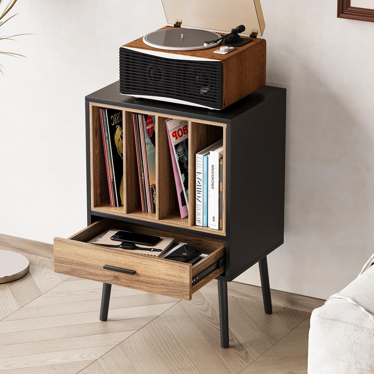 Semiocthome Record Player Stand with Nesting Vinyl Storage Crate, Record Player Table with a Drawer and Solid Wood Legs, Side End Table for Turntables for Living Room Bedroom Semiocthome