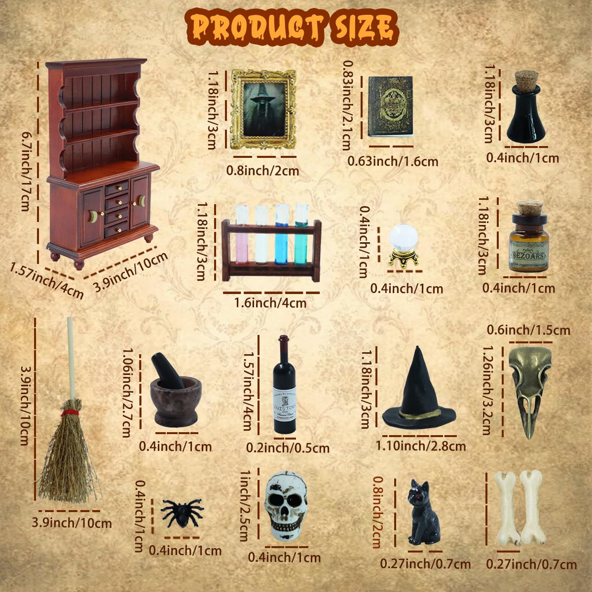 BEIREG Dollhouse Miniatures 1/12 Scale Accessories, Wooden Bookshelf Furniture Set - Magic Bottle&Potion, Witch Frame and Hat, Mini Bookcase, Haunted Dollhouse Halloween Decorations for Kids Gifts BEIREG