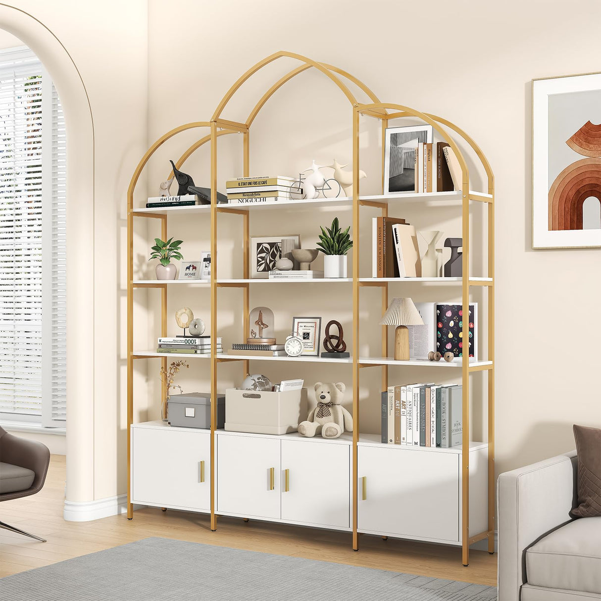 Semoic Arched Bookshelves and Bookcases: Triple Wide 5-Tier Large Open Bookshelf, Etagere Bookcase with Display Shelf for Home Office, White and Gold Semoic