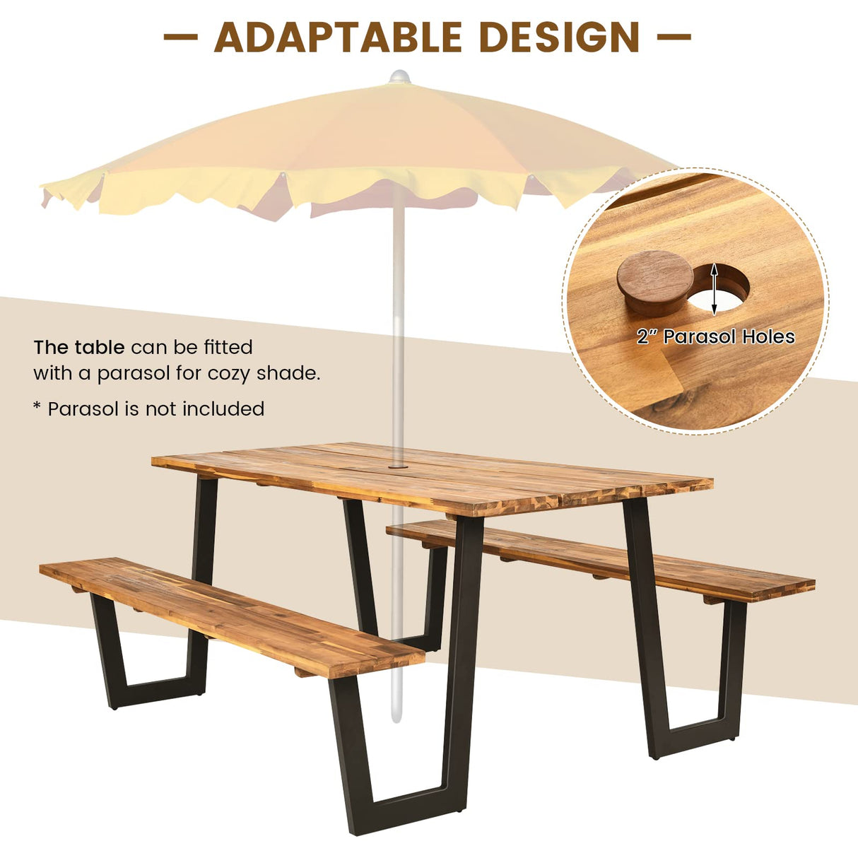 Tangkula Wooden Picnic Table, Outdoor Acacia Wood Picnic Table with 2 Built-in Benches, Umbrella Hole, Steel Frame, Outside Table and Bench Set for Garden, Backyard, Porch, Patio Tangkula