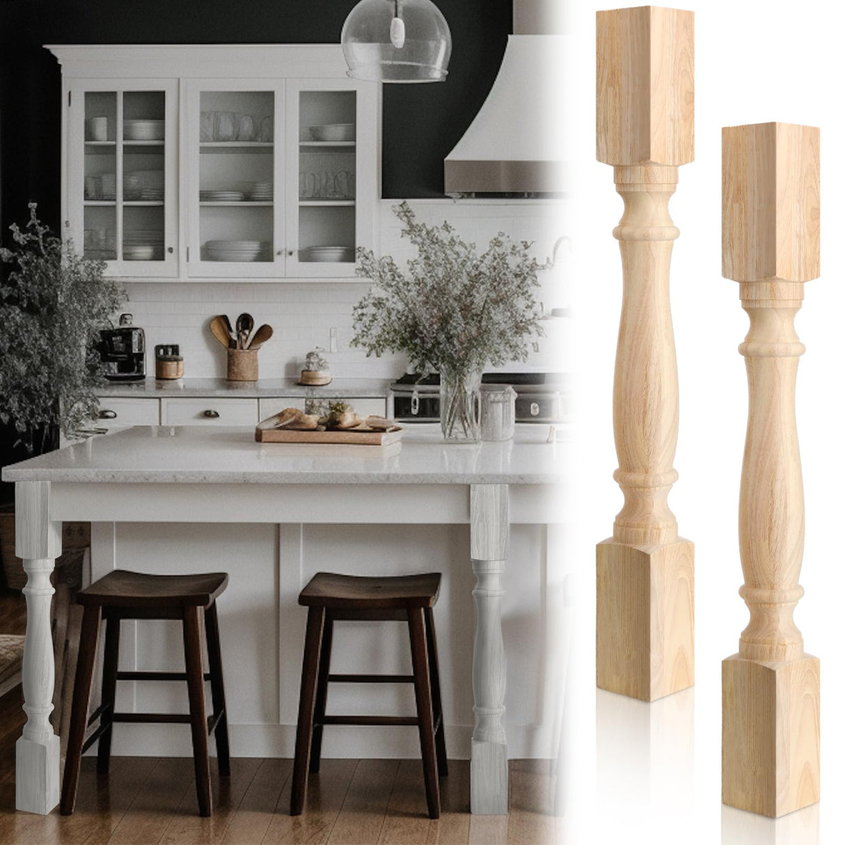 DoubleFill 2 Pcs Unfinished Kitchen Island Legs Farmhouse Solid Wood Table Legs Rubberwood Replacement Raised Panel Cabinet Column, 35.4" H x 3.7" W x 3.7" D DoubleFill