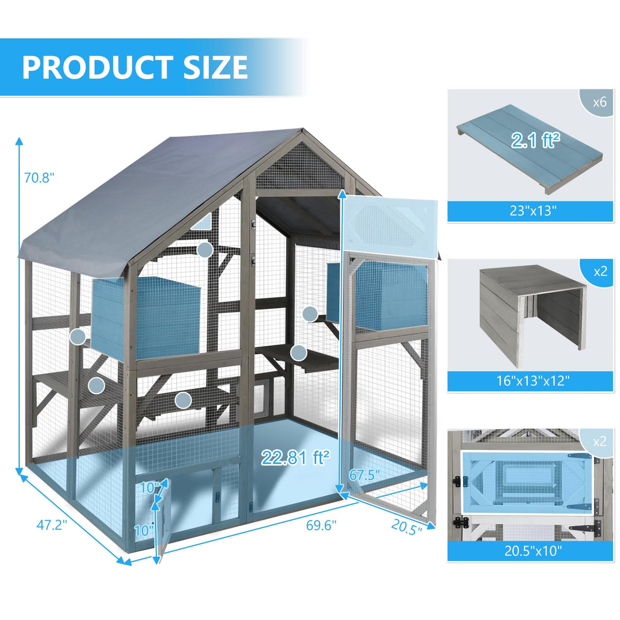 Gowoodhut 69.9"L Catio Outdoor Cat Enclosure for Multiple Cats,Wooden Walk In Cats Shelter Kitty Enclosure with 2 Resting Boxes,6 Platform,2 Middle Platform,Kitty Kennel with Weatherproof Cover(GREY) Gowoodhut