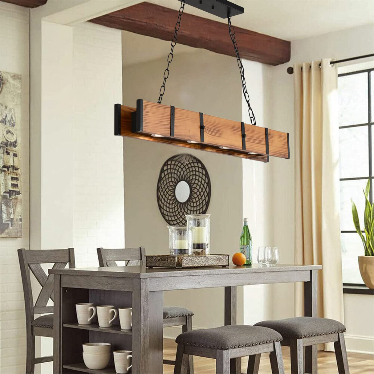 Rustic Wood Chandelier farmhouse light fixtures,hanging wooden beam light for Kitchen Island,Farmhouse Chandelier wood pool table light,wood island led light rustic hanging light BAOURE