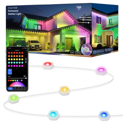 rosykite Permanent Outdoor Lights for House, 100ft Smart RGB+IC Color Outdoor Lighting with 63 Scene,IP67 72 LED Eaves Lights for Holiday, Christmas, Daily Lighting, Smart Life APP Control, C5103-A