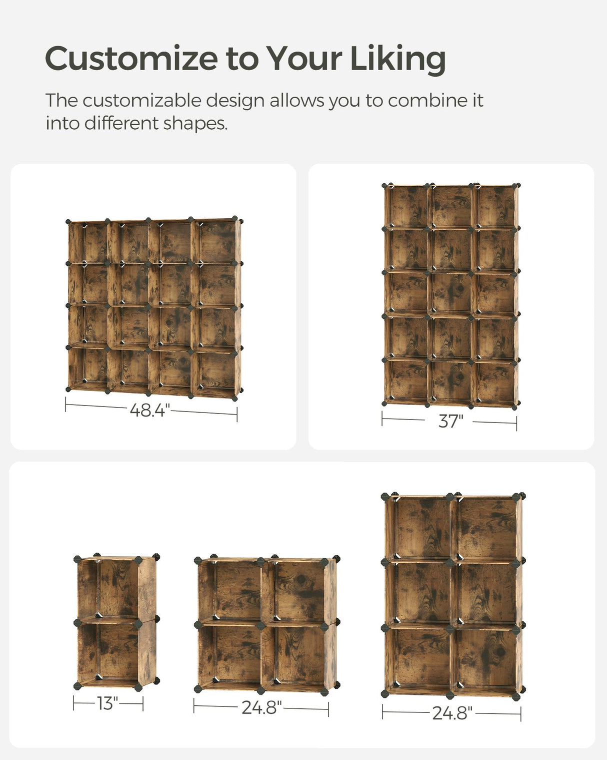 SONGMICS Cube Storage Organizer, Set of 16 Plastic Cubes, Closet Organizers and Storage, Room Organization, Bedroom Living Room, 12.2 x 48.4 x 48.4 Inches, Rustic Brown ULPC442A01 SONGMICS