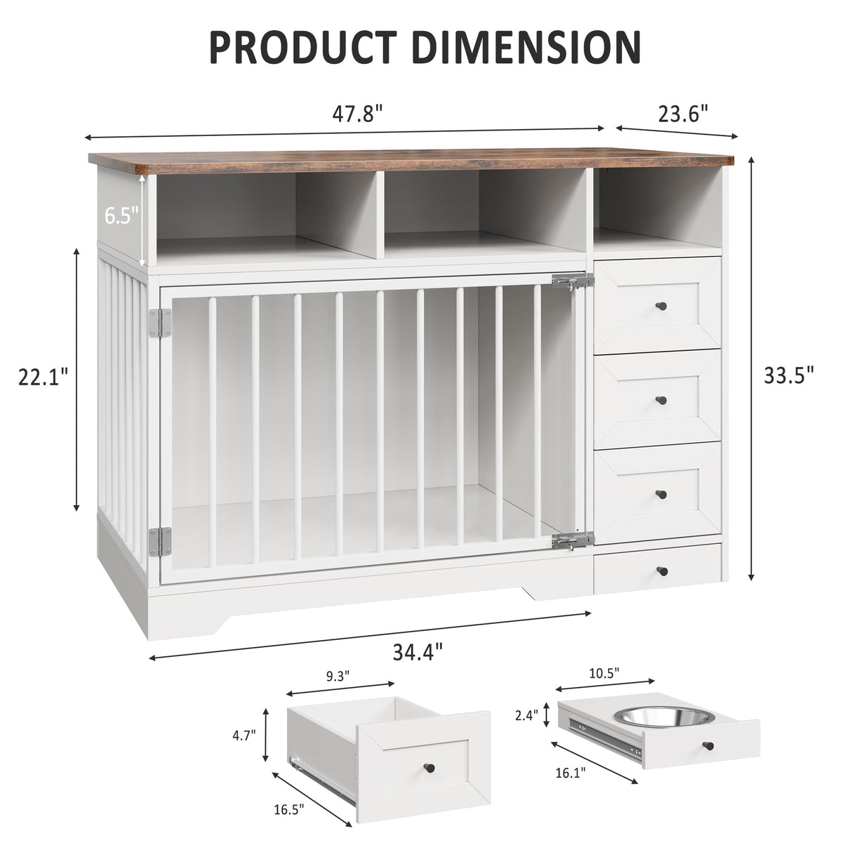 GarveeLife 48 Inch Large Dog Crate Furniture, Farmhouse Dog Kennel with Dog Bowl, 3 Drawers, 3 Open Drawers, Heavy Duty Dog Crate Table for Medium Small Dogs for Living Room, Entryway, White GarveeLife
