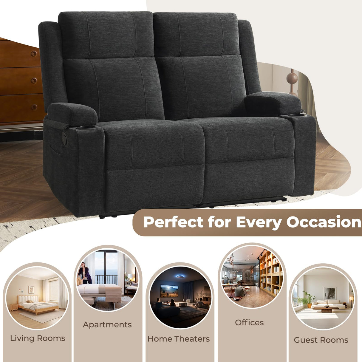 PALLOME Manual Reclining Loveseat Sofa, 2-Seater Recliner Couch with Cup Holders, Fabric Reclining Sofa for Living Room/RV (Black) PALLOME