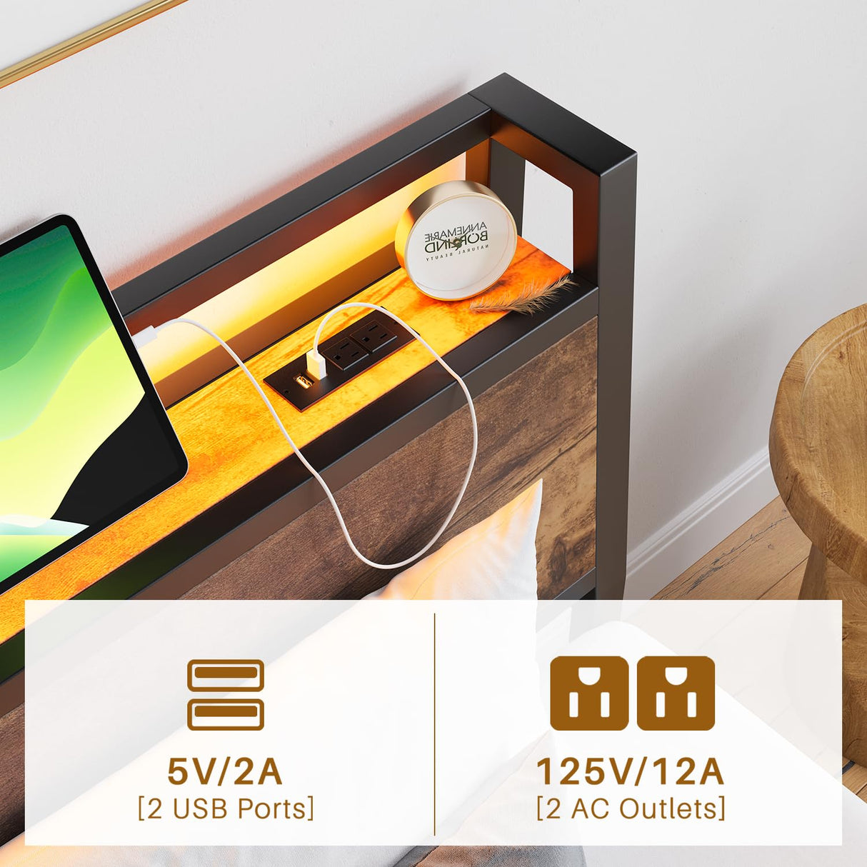 ZGEHCO Twin Bed Frames with Ergonomic Storage Headboard,Metal Platform Bed Frame with Charging Station,LED Bed Frame Twin Size No Box Spring Needed,Heavy Duty Steel Slats,Noise Free,Rustic Brown ZGEHCO