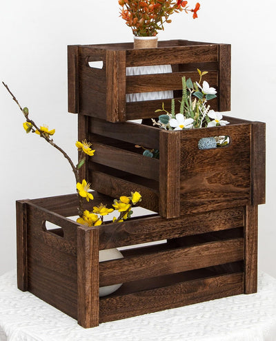 Large Vintage Black Wooden Crates For DispalyWood Crates With Handles,Rustic Handmade Wood Boxes For Storage Or Display,Solid Wood Decorative Boxes