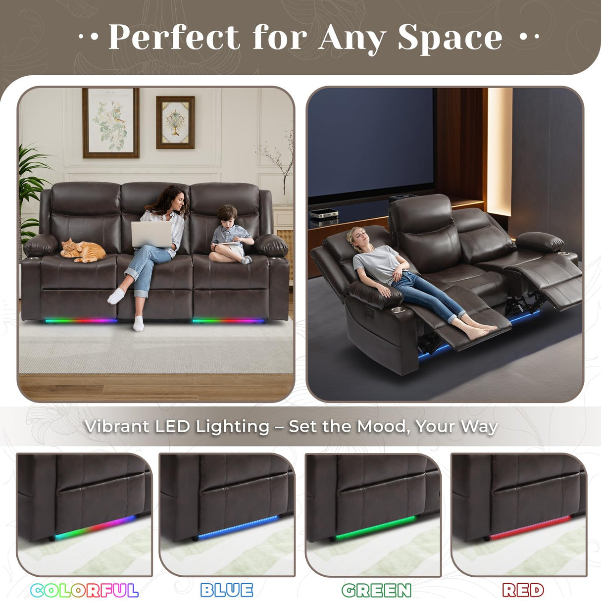 PALLOME Power Reclining 3-Seater Sofa for Home Theater, Electric Recliner Couch with LED Lights, USB & Type-C, RV Sofa with Cup Holders, Side Pocket, Faux Leather (Brown) PALLOME