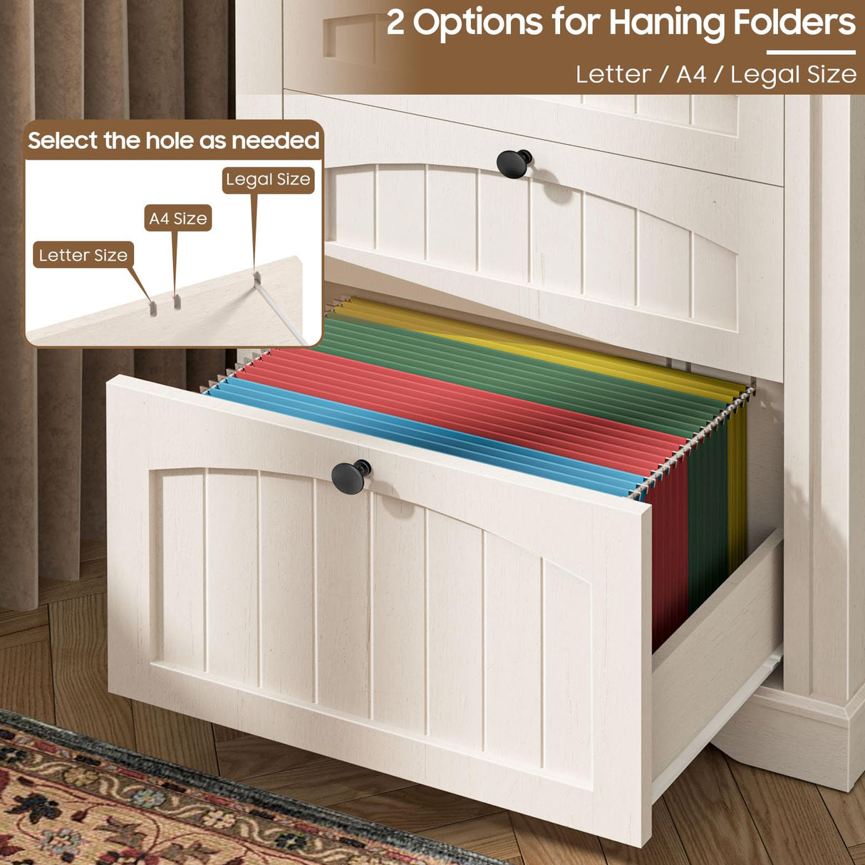 Bookshelf with File Drawers for Letter/A4/Legal Size Hanging Files, 68" Tall Farmhouse Bookcase with 3-Tier Open Shelves, Wood Floor Display Storage Cabinet for Home Office, Living Room, Rustic White Vabches