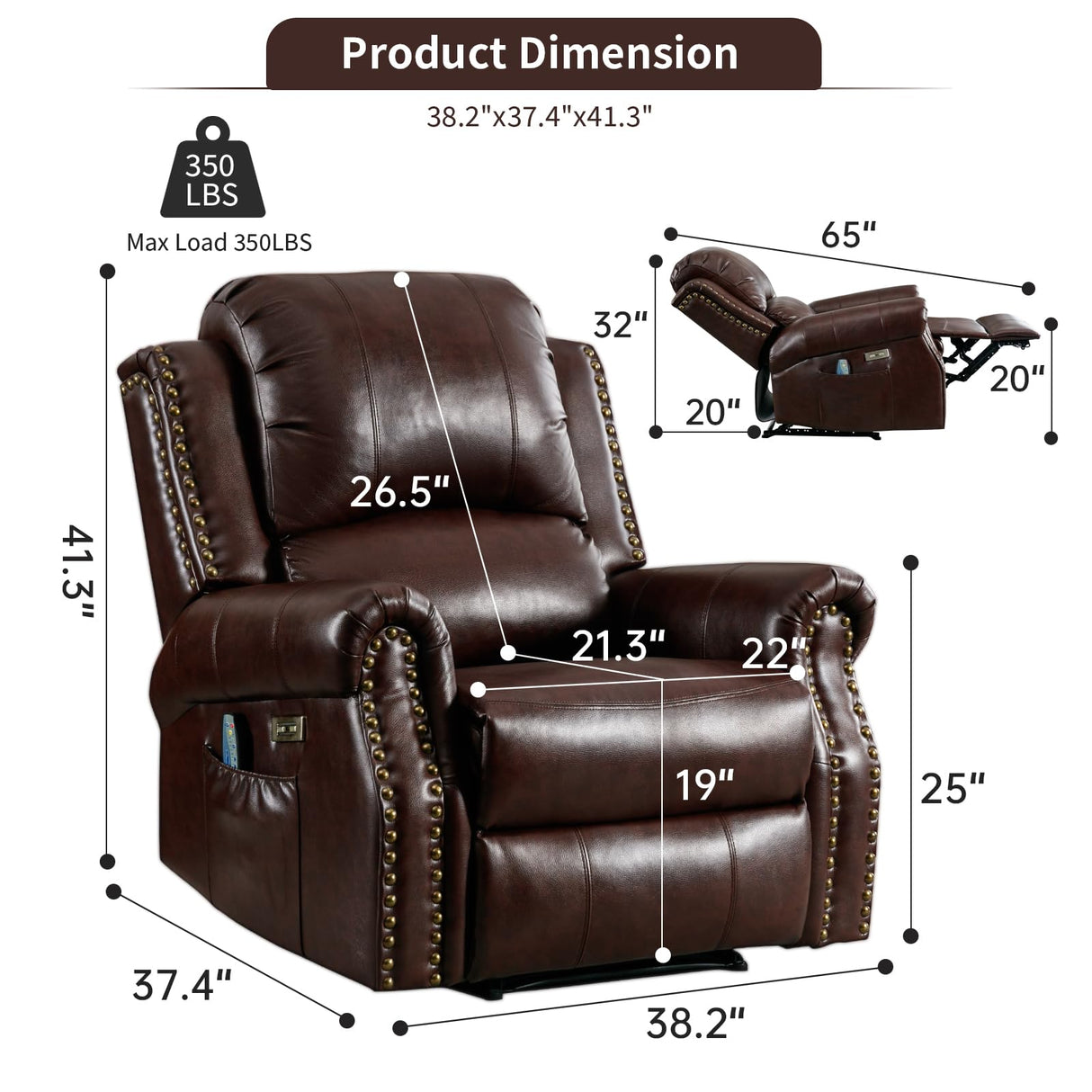HAOMARKETS Classic Power Recliner Chair with Massage and Heat, Breathable Faux Leather Electric Recliner with USB Port, Overstuffed Reclining Sofa with Rivets for Living Room HAOMARKETS