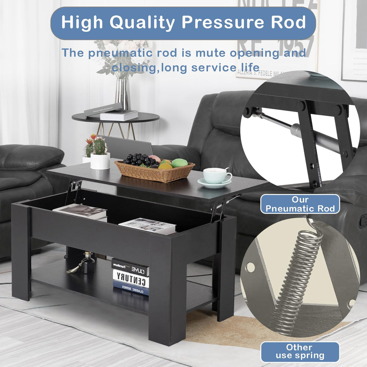 Ruesleag Lift Top Coffee Table w/Hidden Compartment and Storage Shelf,Retro Wooden Lift Tabletop Dining Table Multifunctional Wooden Working Table for Living Room Office Reception Room,39.4in L,Black Ruesleag