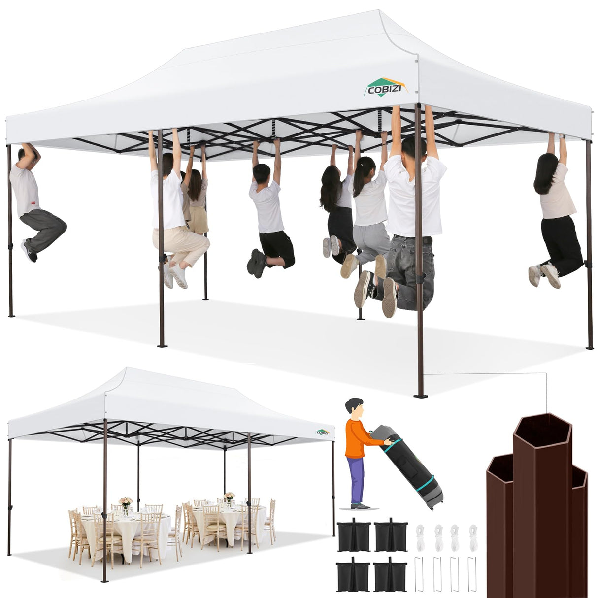 COBIZI 10x20 Pop up Canopy Without Sidewall Heavy Duty Commercial Outdoor Gazebo Easy Up Wedding Party Tents for Parties with Roller Bag, All Season Wind & Waterproof UPF50+(Upgrade Hexagonal Tube) COBIZI