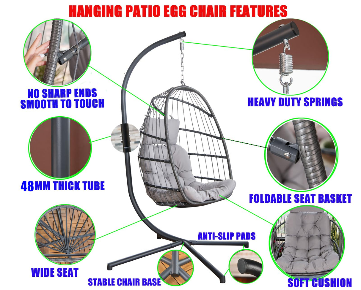 MOJIA Egg Chair with Stand and Oxford Cover, 450lbs Capacity Patio Wicker Hanging Swing Chair Indoor Outdoor with UV Resistant Cushion and Foldable Seat Basket Mojia