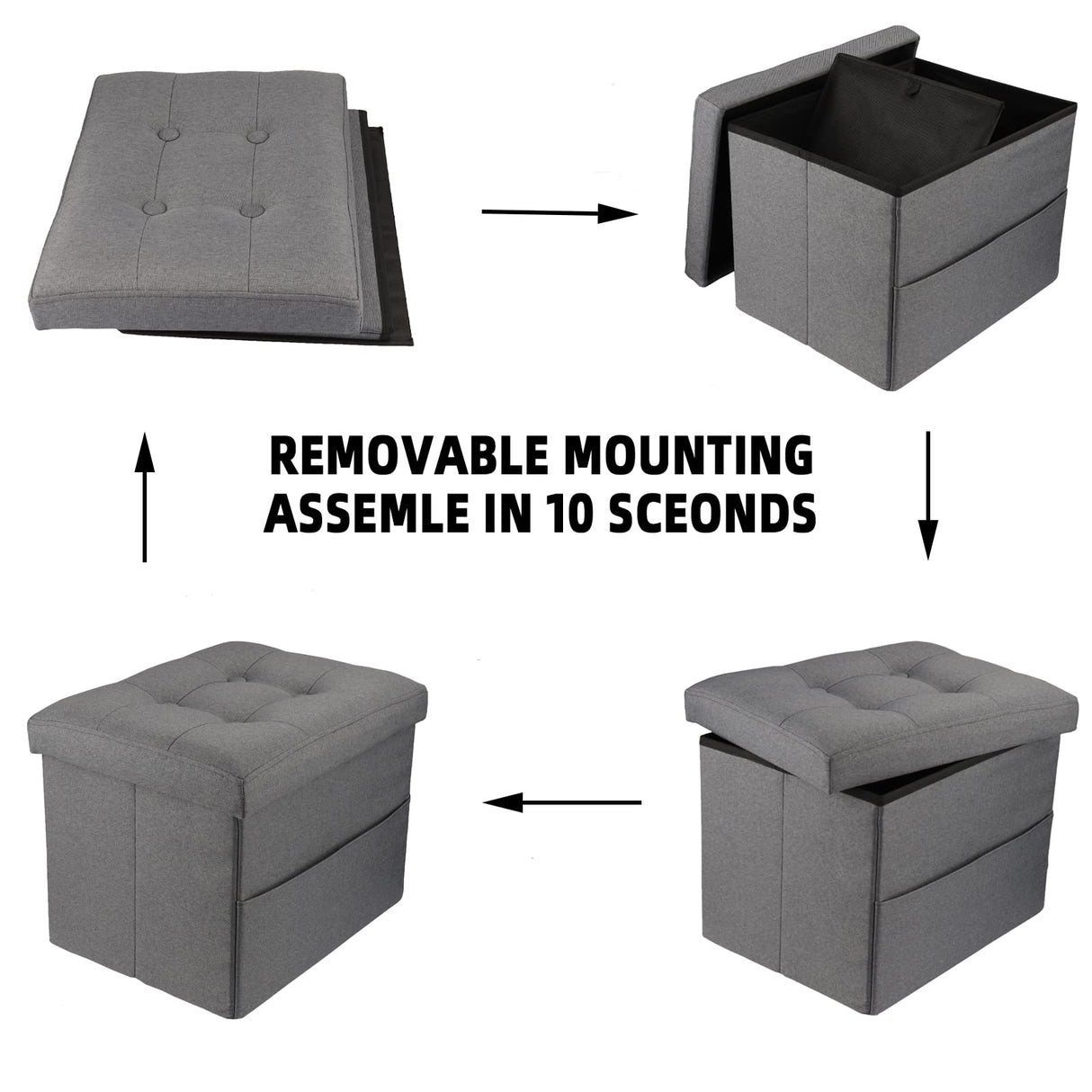 Hamgtrion Ottoman Storage Ottoman Collapsible Ottoman with Storage Foot Rest Small Ottoman with Side Pocket Foot Stools for Living Room Grey L17W13H13inches Hamgtrion