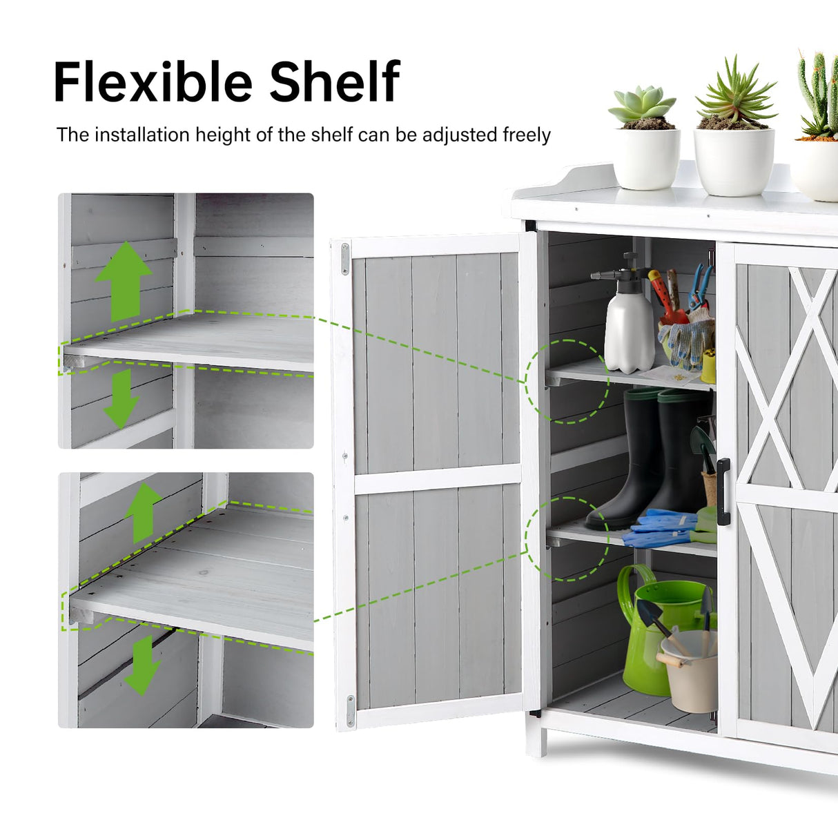 Outdoor Potting Bench with Metal Work Top,Waterproof Garden Storage Cabinet, Wooden Garden Work Bench with Adjustablev Shelves & Double Doors for Backyard, Patio, Lawn Gardening,White Grey PeacefulHues