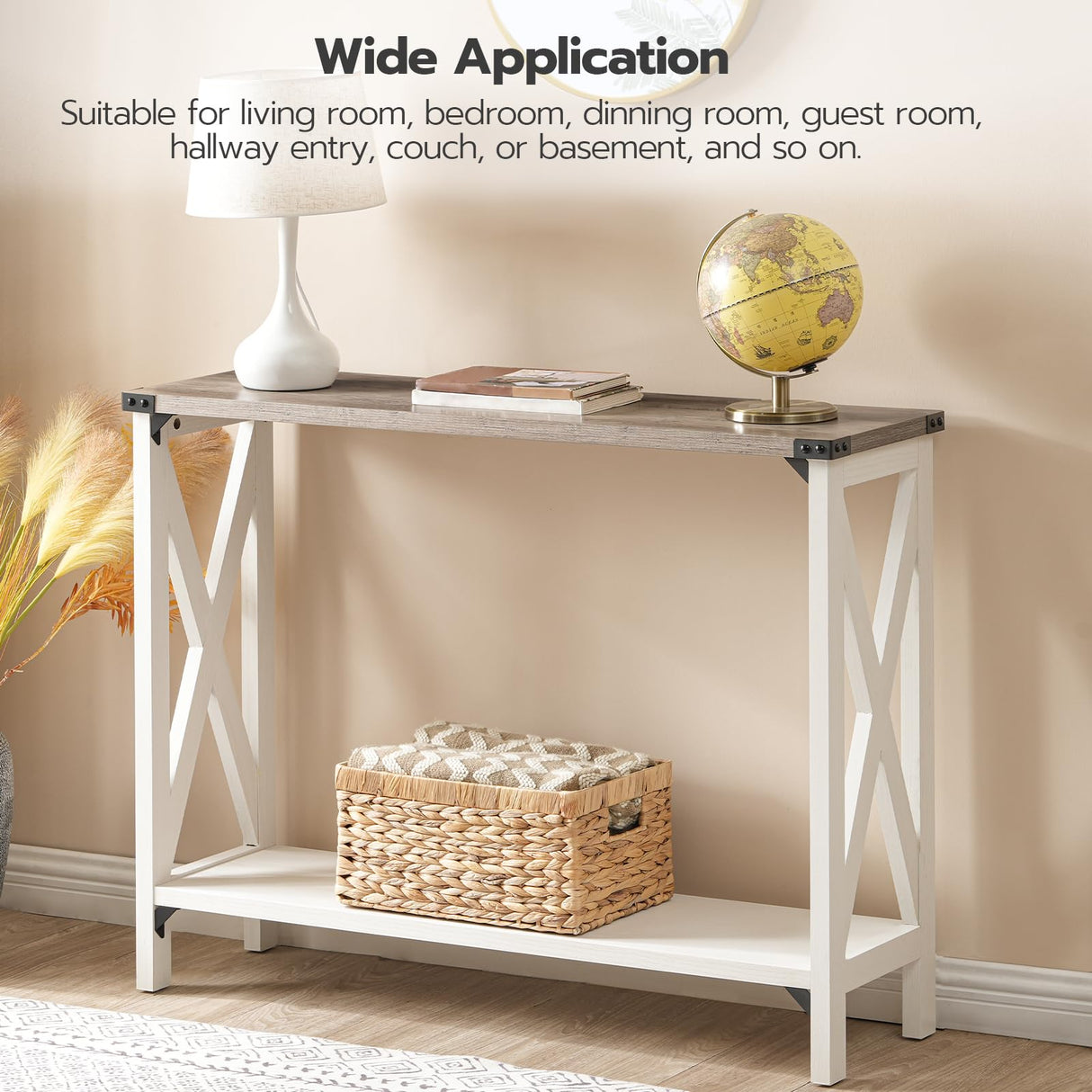 HOOBRO Farmhouse Console Table, Narrow Entryway Table, Sofa Table with 2 Open Shelves, for Hallway, Living Room, White and Greige WG08XG01 HOOBRO