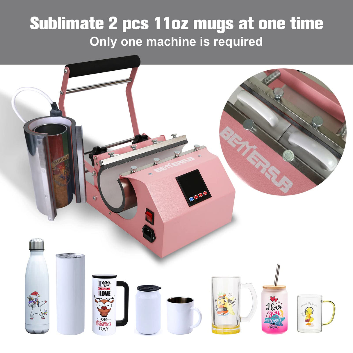 BetterSub Tumbler Mug Heat Press Machine 30 OZ 20 OZ 16 OZ Sublimation Straight Skinny Tumbler Mug Sublimation Print 11 OZ 15 OZ Sublimation Mug Heat Transfer Pink BetterSub