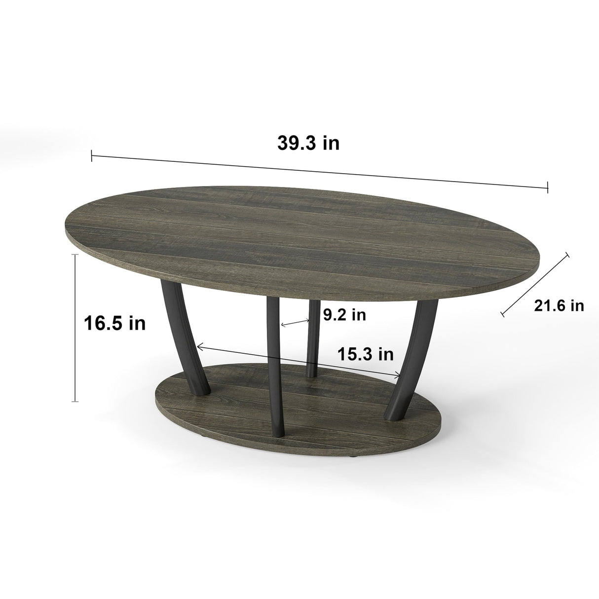 Manora Rustic Small Oval Coffee Table for Living Room, Narrow Wood Center Table with Shelf, Retro Style Coffee Table with Curved Metal Legs, Stable and Easy Assembly, Gray Manora