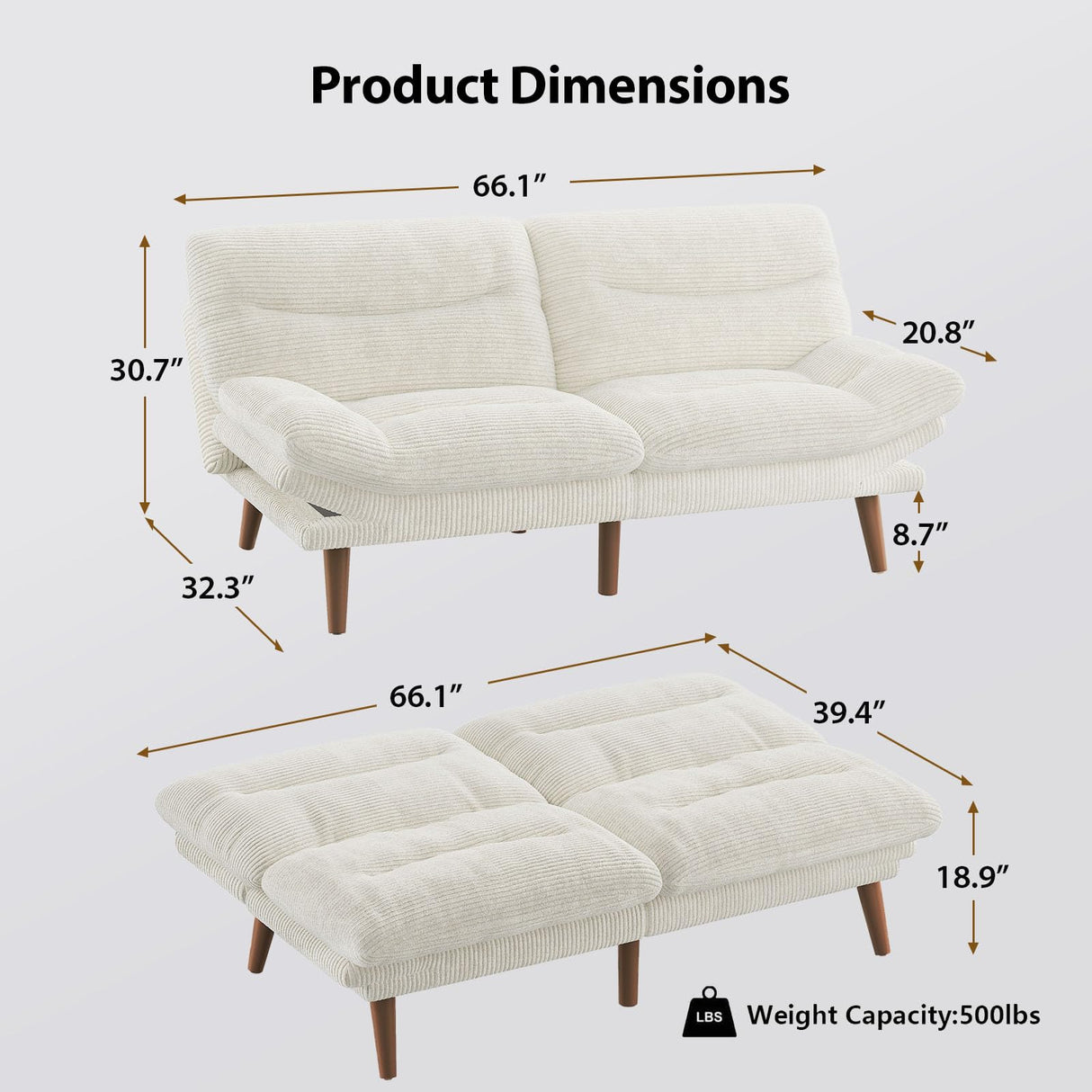 Pipishell Convertible Futon Sofa Bed,66" Corduroy Futon Couch with Adjustable Backrest and Armrests, Recliner Sleeper Sofa for Small Spaces, Play Room or Office, White Pipishell