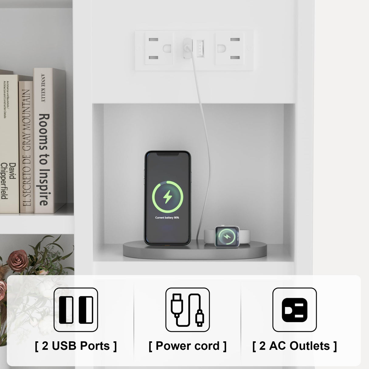 YESHOMY Tall Nightstand with Charging Station and USB Ports, Bedside Table with Open Bookshelf, Endtable with 3 Drawers, for Bedroom,Study, 48" Height, Pure White YESHOMY