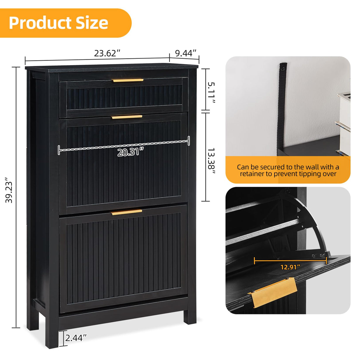 HUSHEDIFY 2 Flip Drawers Shoe Cabinet Storage for Entryway, Narrow Hidden Shoes Organizer for Front Door Entrance, Free Standing Shoes Cabinet Wooden Hallway Shoe Rack(Black) HUSHEDIFY