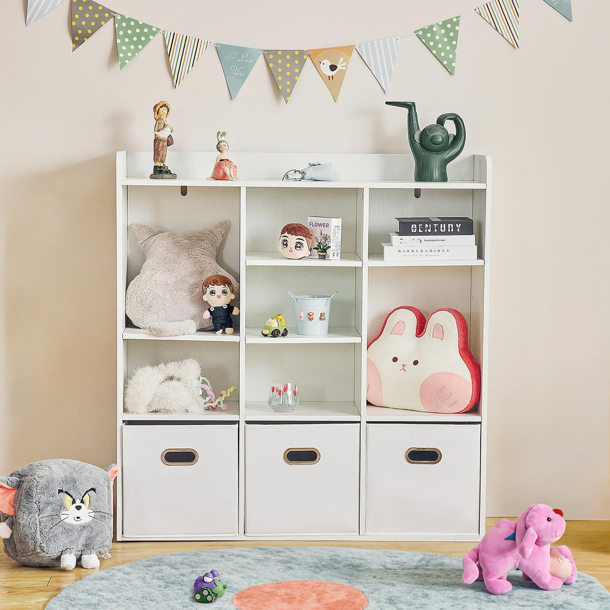 Redlife 7 Cube Bookshelf, White Cube Organizer with 3 Storage Bins, Wooden 3-Tier Bookcase with Adjustable Shelves, Modern Floor Standing Open Shelf Cabinet for Bedroom, Living Room and Office Redlifeᅟᅠ