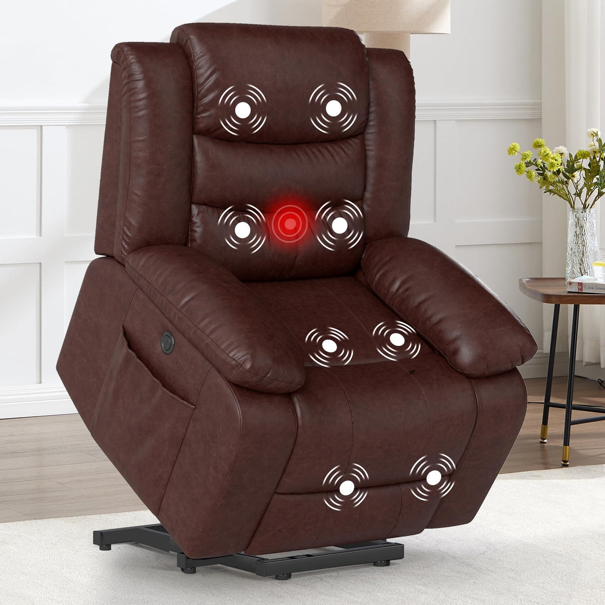 CANMOV Leather Power Lift Recliner Chair with Massage and Heat for Elderly People,Electric Lift Chair for Seniors Reclining Chair Single Sofa Chair for Living Room, Side Pocket,Brown CANMOV
