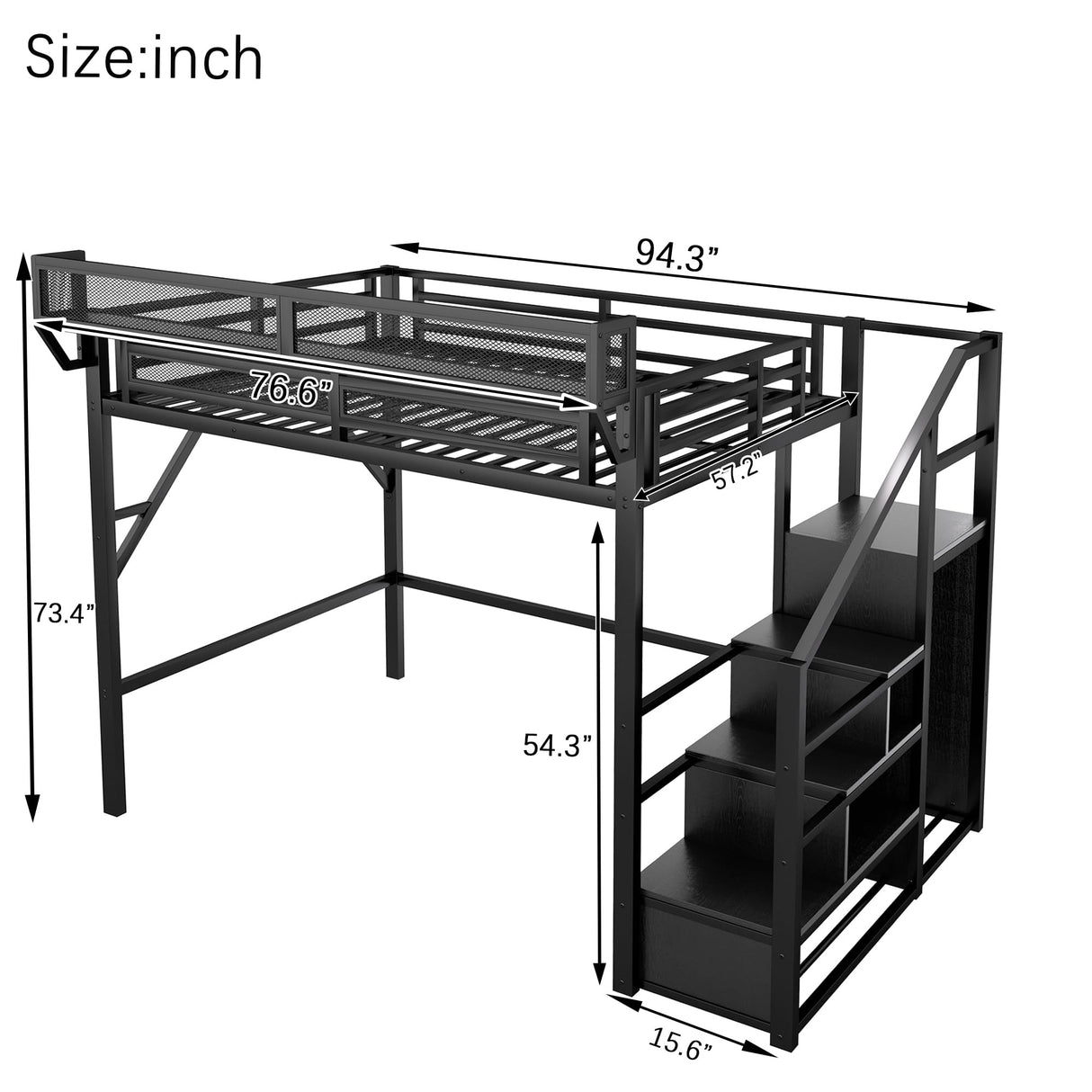 Mirightone Full Size Loft Bed with Stairs, Metal Loft Beds, High Loft Bed Frame with Storage Shelves, Lofted Full Bed with Wardrobe for Kids and Teens, No Box Spring Needed (Black) Mirightone