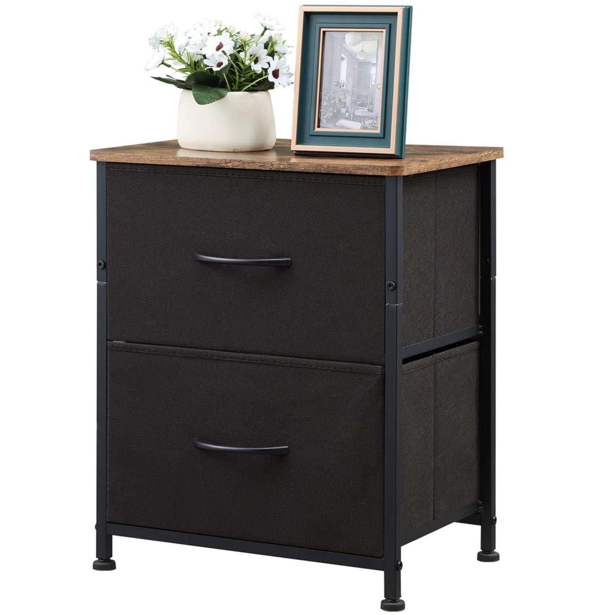 Somdot Black Nightstand Set of 2, Small Dresser for Bedroom with 2 Drawers, Bedside Table Night Stand End Table with Fabric Bins for Bedroom Kids Closet Dorm Guest Room, Black Rustic Brown Somdot