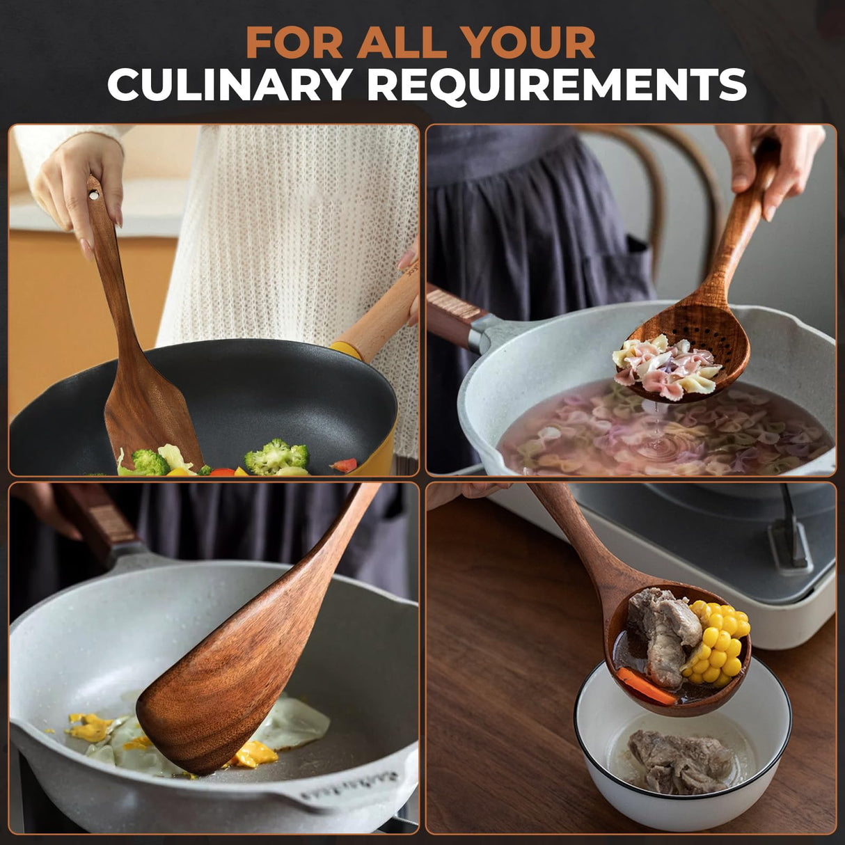 KAQISE Wooden Spoons for Cooking, Kitchen Essential Wooden Utensils Set, Teak Wood Cooking Utensils Set for Families(8 Pieces ) KAQISE