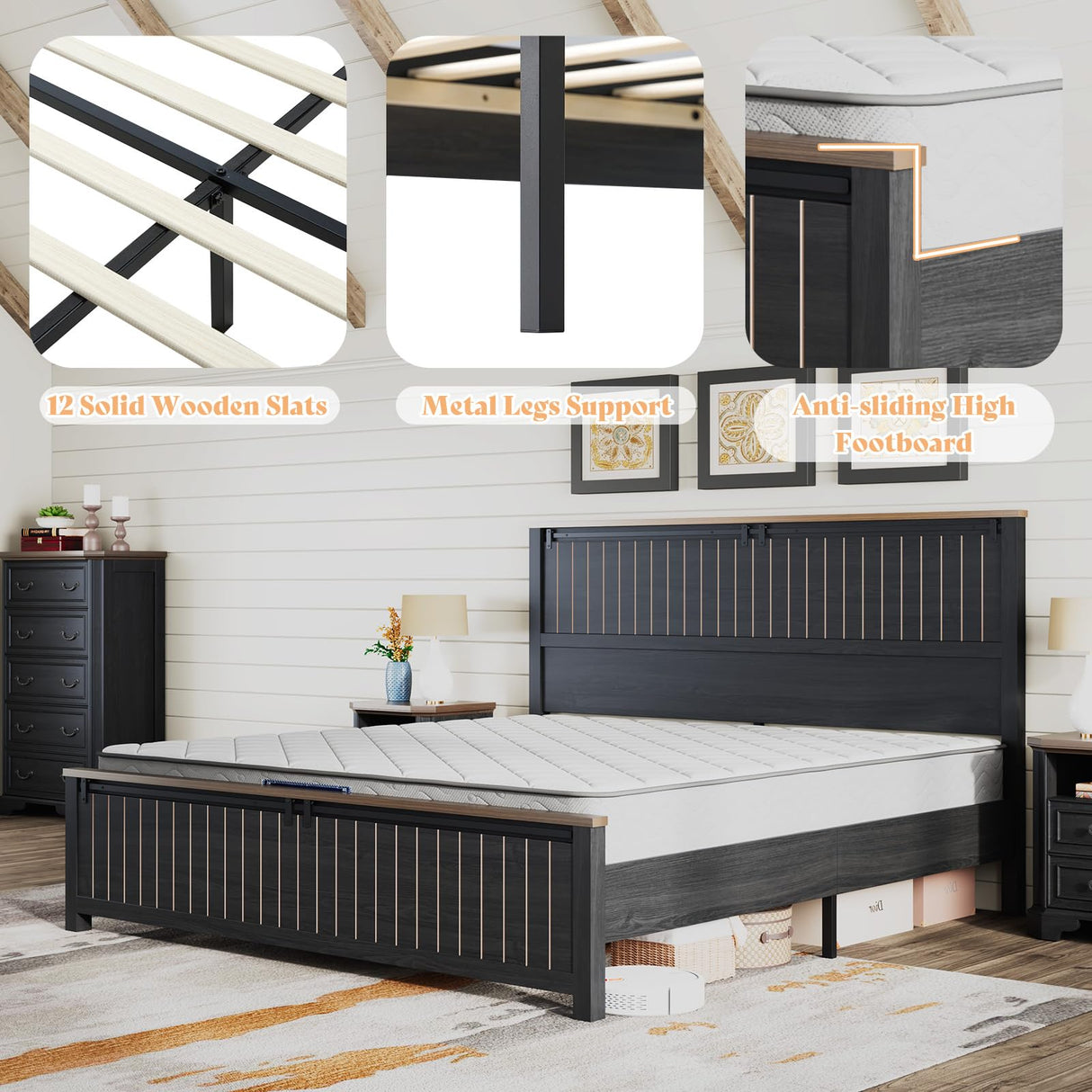 AMERLIFE Farmhouse Full Size Bed Frame with Sliding Barn Door, Wooden Rustic Platform Bed Frame with 47" Tall Headboard, Noise-Free, Solid Wood Slats & Metal Support, No Box Spring Needed, Dark Grey AMERLIFE