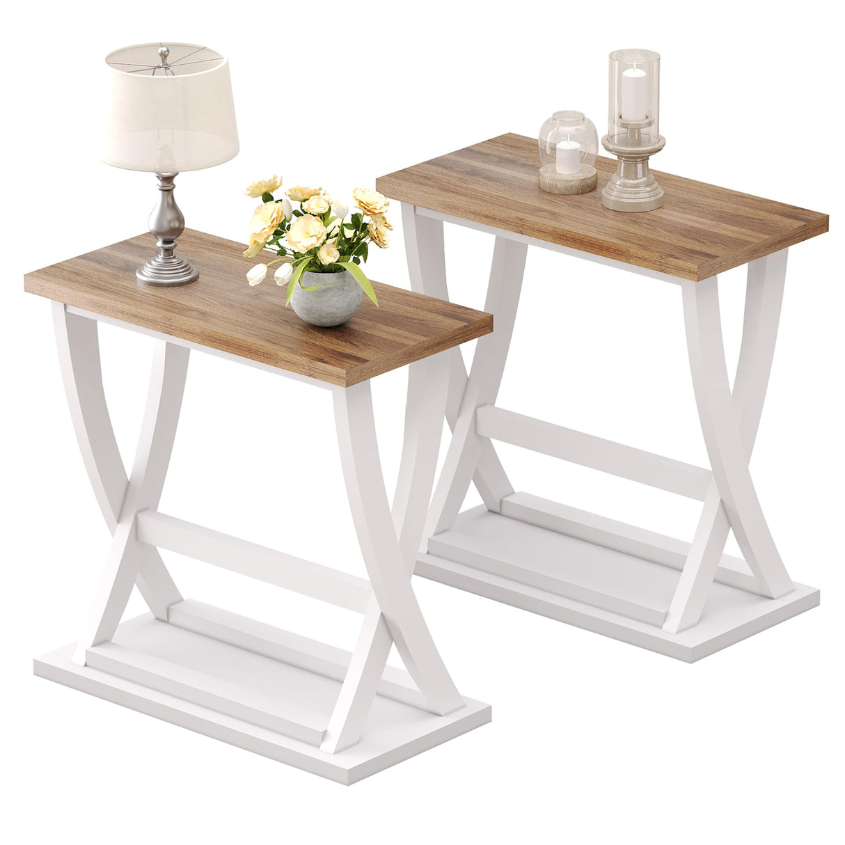 ChooChoo Farmhouse End Tables Living Room Set of 2, Narrow Side Table with Storage Shelf, Modern X-Design Slim End Table for Living Room, 11.8" D*23.6" W*23.4" D ChooChoo
