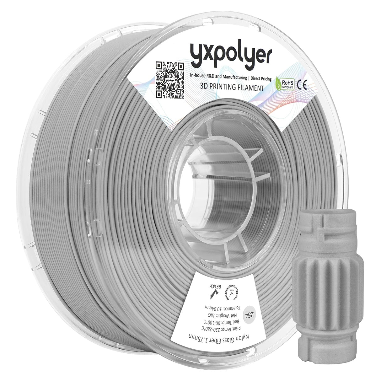 Nylon Glass Filled Filament Grey Nylon Glass Fiber 1.75mm PA GF 3D Printer Filament PA6-GF 1kg with Reusable PC Spool yxpolyer
